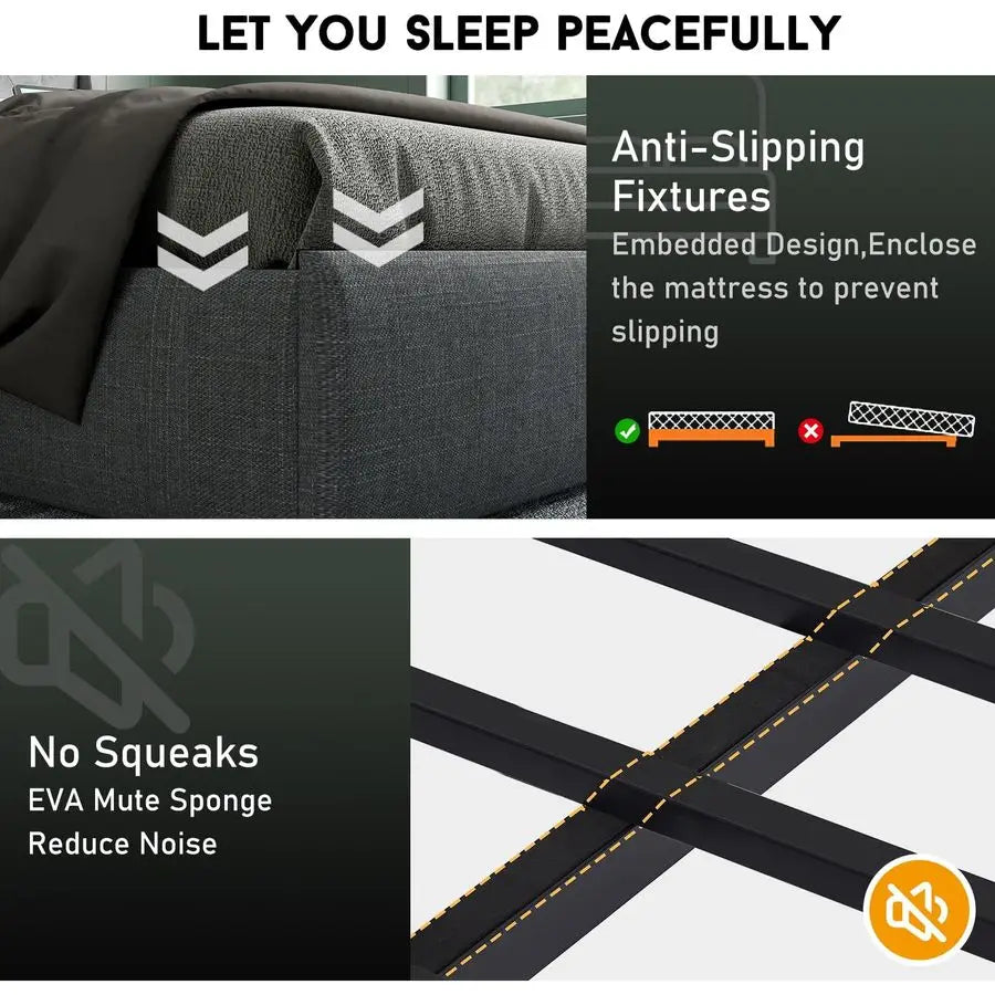 Size Bed Frame with Charging Station and Headboard, Upholstered Button Tufted Platform Queen Bed with 2 Storage Drawers and LED