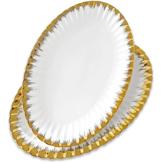 Ceramic Oval Serving Platters 12 Inch Porcelain White Dinner Plates with Gold Trim for Party Entertaining Ideal for Serving San