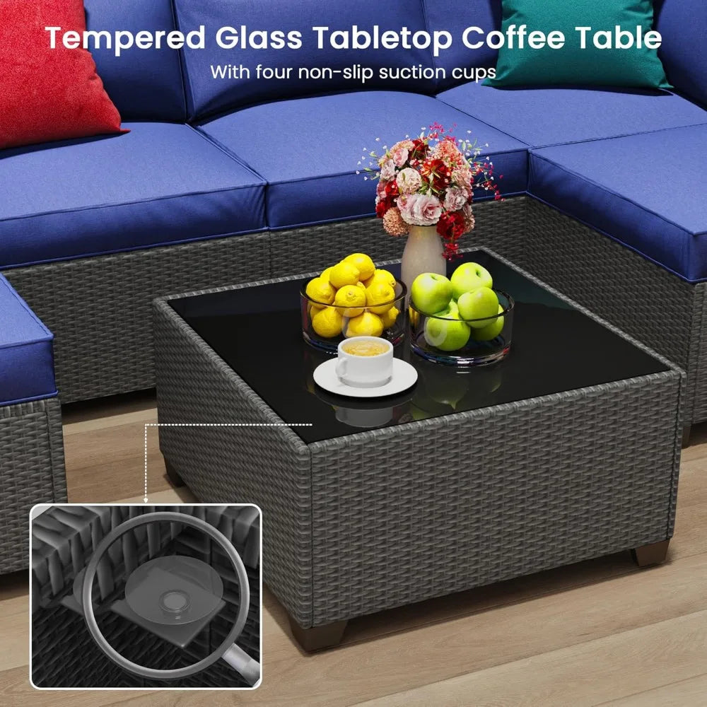 7 piece outdoor patio furniture set, outdoor sectional furniture, rattan & wicker modern modular conversation set sofa couch w/w