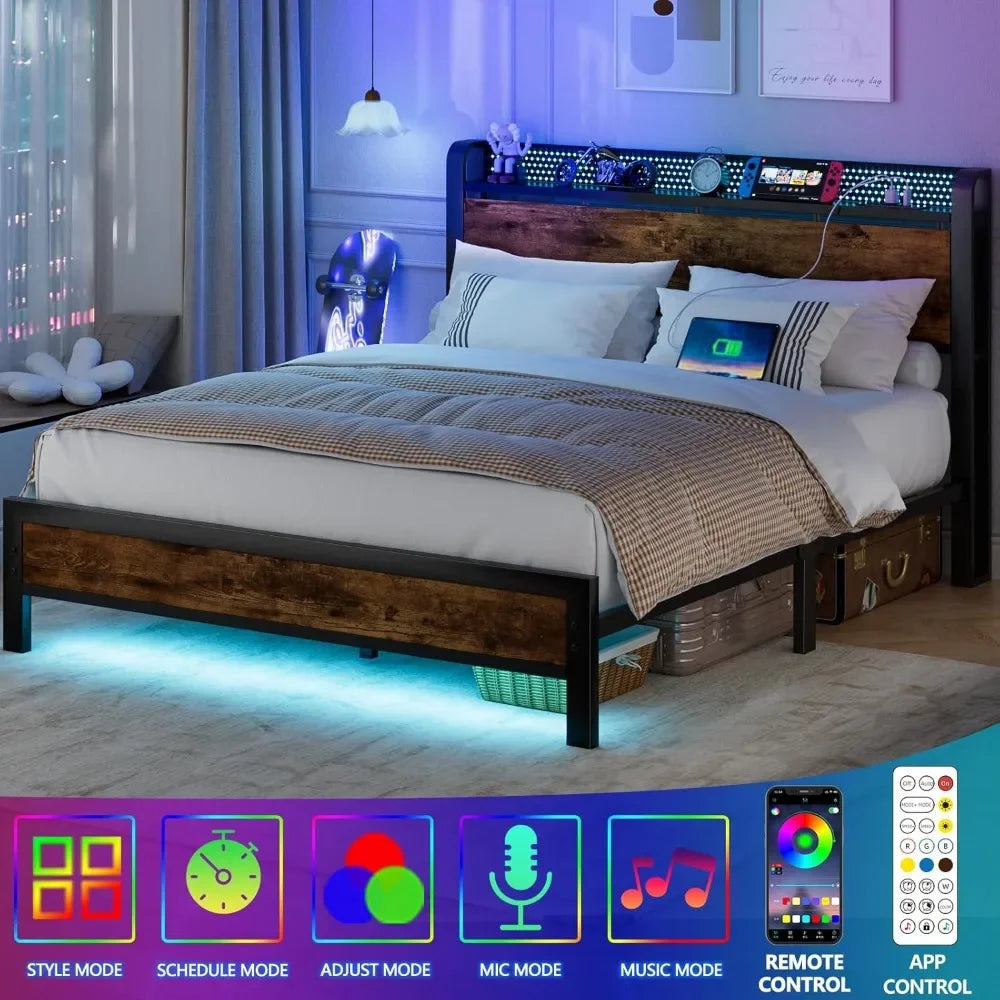 Bed Frame with Charging Station and LED Lights,Industrial Platform Beds Queen Size with Storage Headboard,USB Port,Rustic Wood