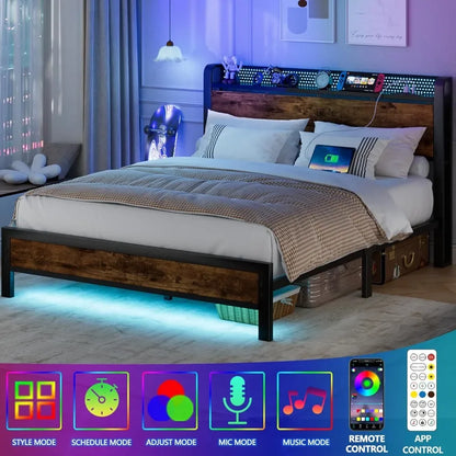 Bed Frame with Charging Station and LED Lights,Industrial Platform Beds Queen Size with Storage Headboard,USB Port,Rustic Wood