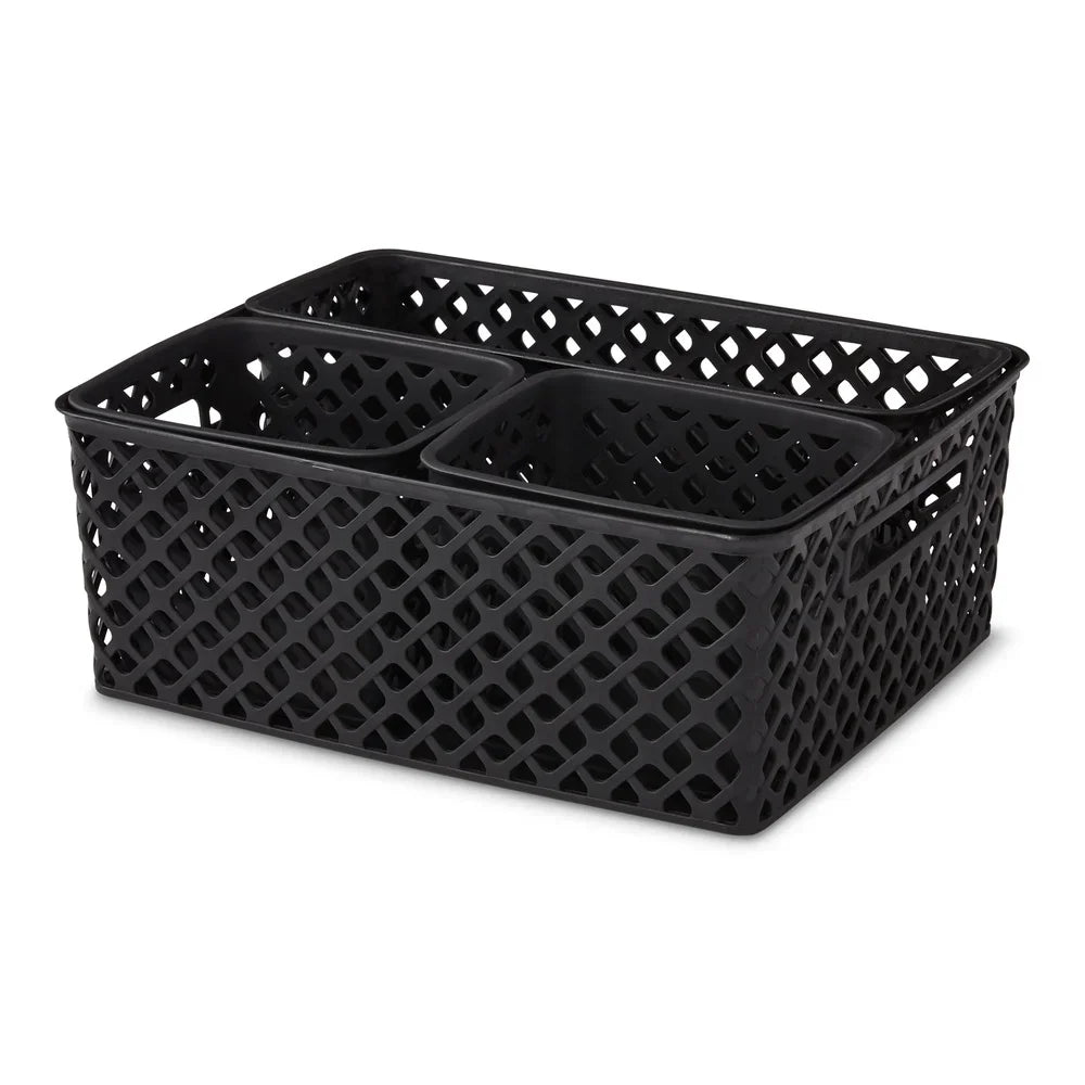 4 Piece Black Decorative Storage Basket Set Durable Plastic Organization Bins with Cut-Out Handles Versatile Home Storage