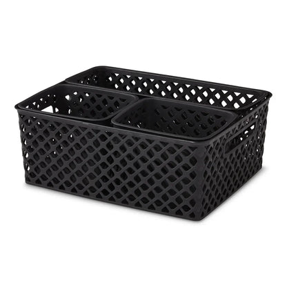 4 Piece Black Decorative Storage Basket Set Durable Plastic Organization Bins with Cut-Out Handles Versatile Home Storage