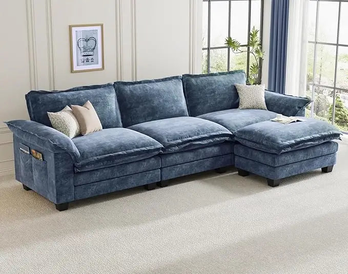 L-Shaped Modular Sectional Sofa, 4 Seater Cloud Couch with Ottoman, Chenille Sectional Couches for Living Room,Customized