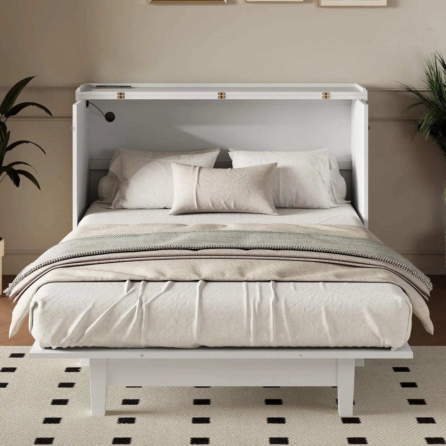 Queen Size Murphy Bed, Solid Pine Queen Murphy Bed Frame Chest Cube Cabinet with Charging Station and Large Storage Drawer for H