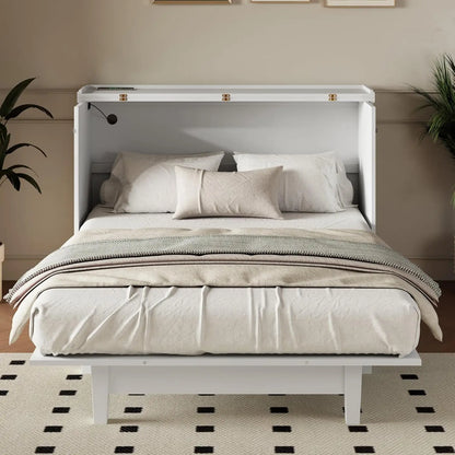 Queen Size Murphy Bed, Solid Pine Queen Murphy Bed Frame Chest Cube Cabinet with Charging Station and Large Storage Drawer for H