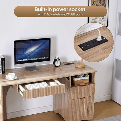 Modern Oak Computer Desk 55 Inch with Keyboard Tray And Power Outlets 2-in-1 Main Drawer with Adjustable File Drawer,Customized
