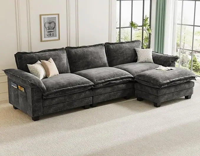 L-Shaped Modular Sectional Sofa, 4 Seater Cloud Couch with Ottoman, Chenille Sectional Couches for Living Room,Customized