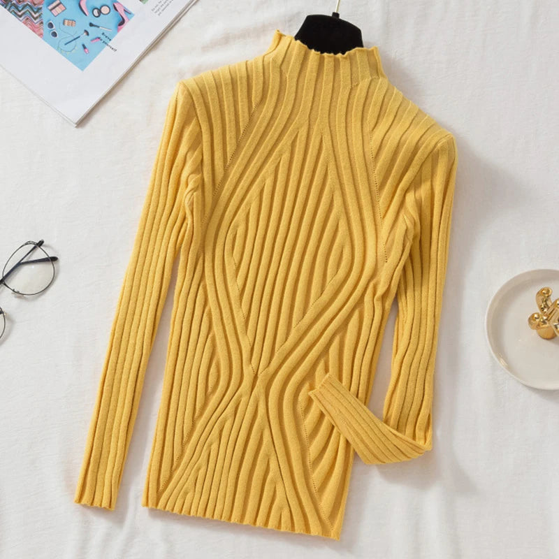 Knitted Sweater Women Pullover 2025 Half Turtleneck Jumper Sweater Autumn Winter Solid Slim Chic Streetwear Long Sleeve Top Y2K