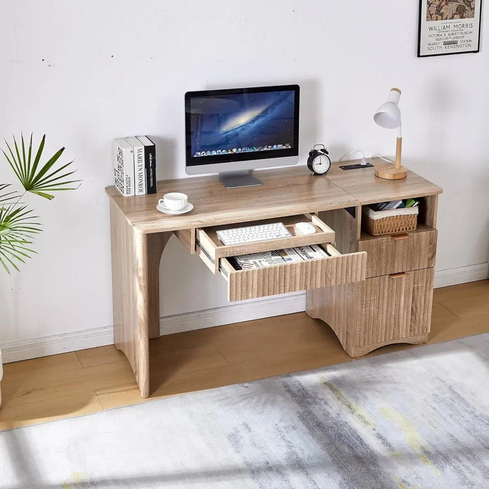 Modern Oak Computer Desk 55 Inch with Keyboard Tray And Power Outlets 2-in-1 Main Drawer with Adjustable File Drawer,Customized