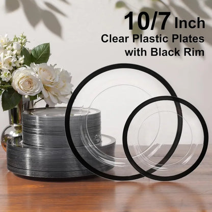 120-Pc Black Clear Plastic Plates - 10" Dinner & 7" Dessert Set for Party & Wedding