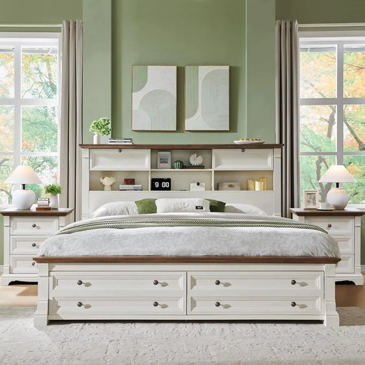 NEW Farmhouse King Size Bed Frame with 54" Tall Storage Bookcase Headboard, Wood Platform Bed Frame(Antique White)