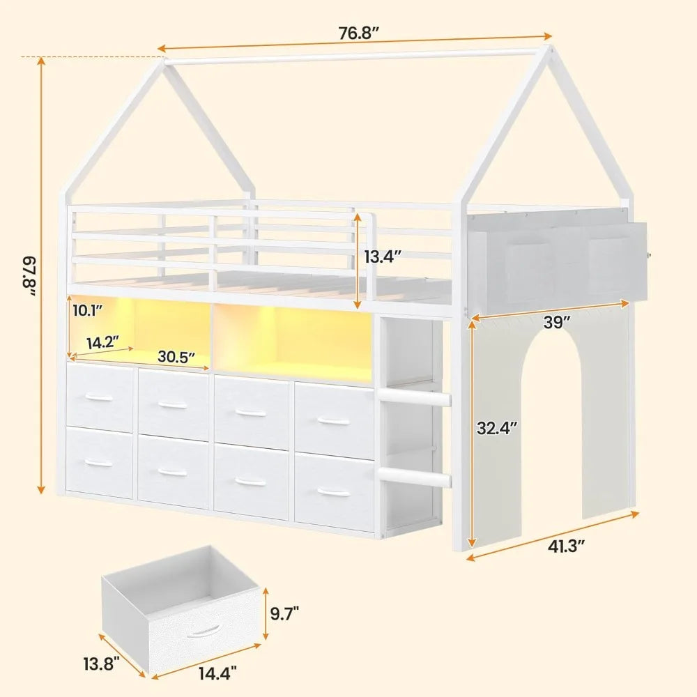 Children's Twin Loft Bed with 8 Storage Drawers, LED Lights, House-Shaped Metal Frame, Bookcase, and Soft Foam Ladder for Enhanc