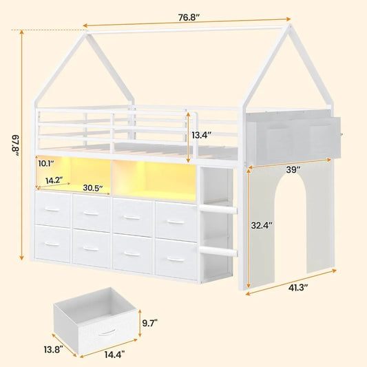 Children's Twin Loft Bed with 8 Storage Drawers, LED Lights, House-Shaped Metal Frame, Bookcase, and Soft Foam Ladder for Enhanc