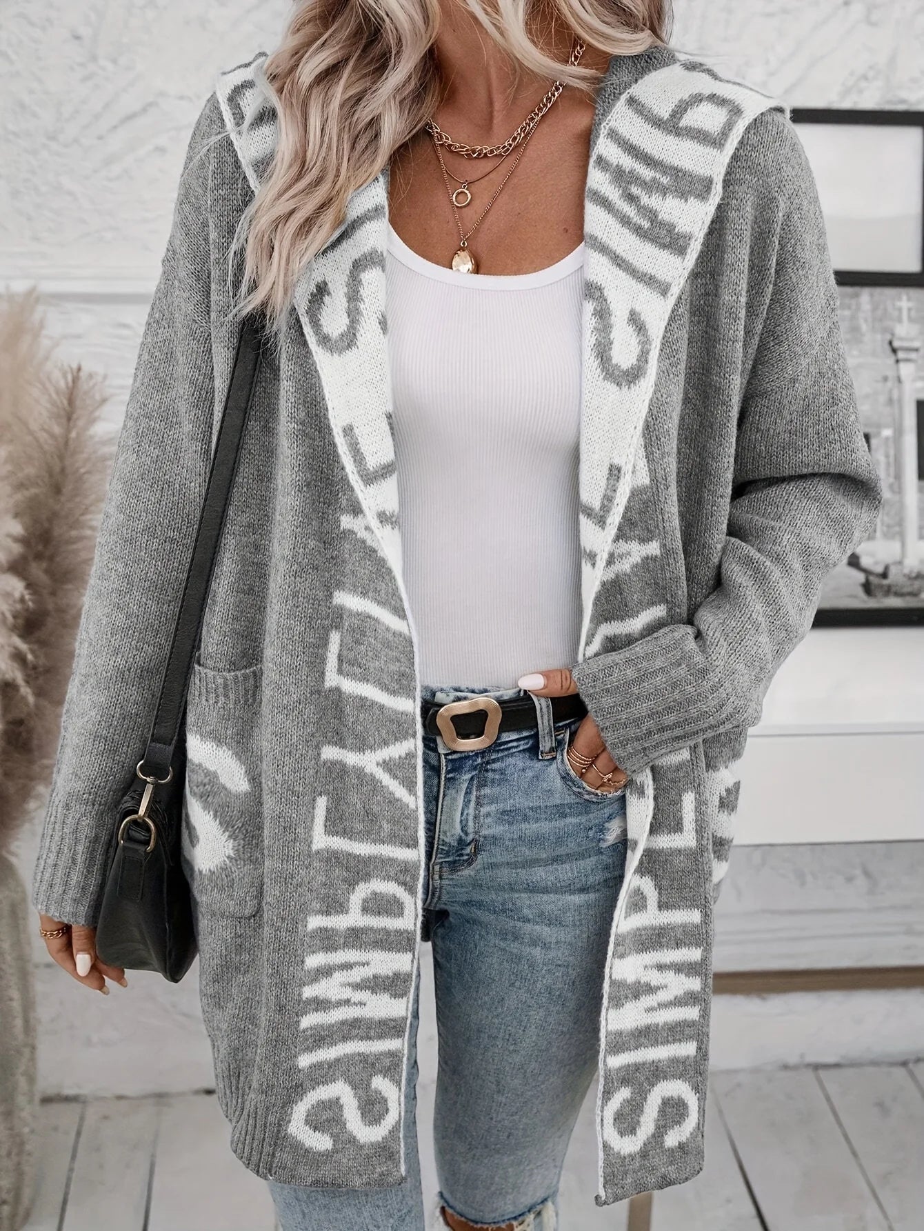 Autumn and Winter New Fashion Woman Sweater Long Cardigan Hooded Tops Letter Knit Sweater Jacket Women's Clothing