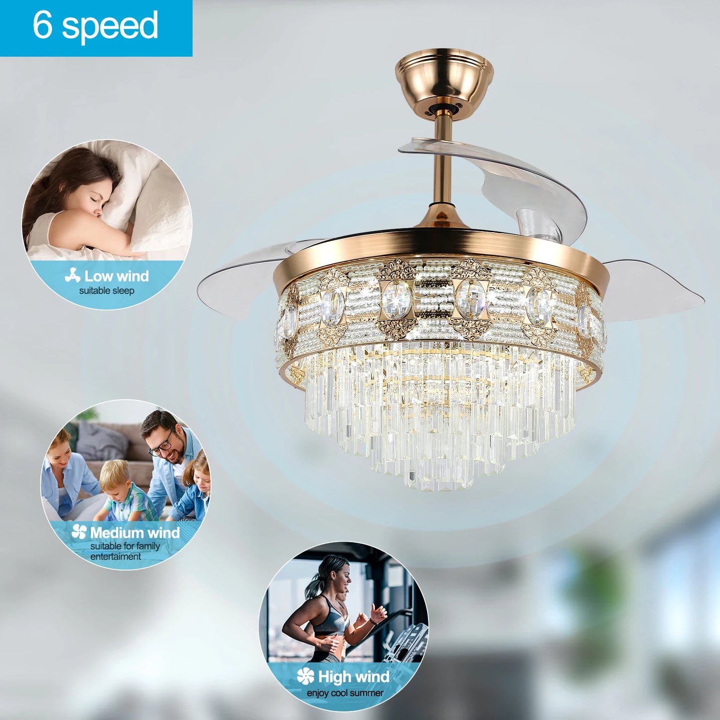 VETRULUS Modern Smart Ceiling Fan Chandelier Gold RC Adjustable 6 Speed Pendant Light Luminaire Bedroom 3 Heads Led Fandelier