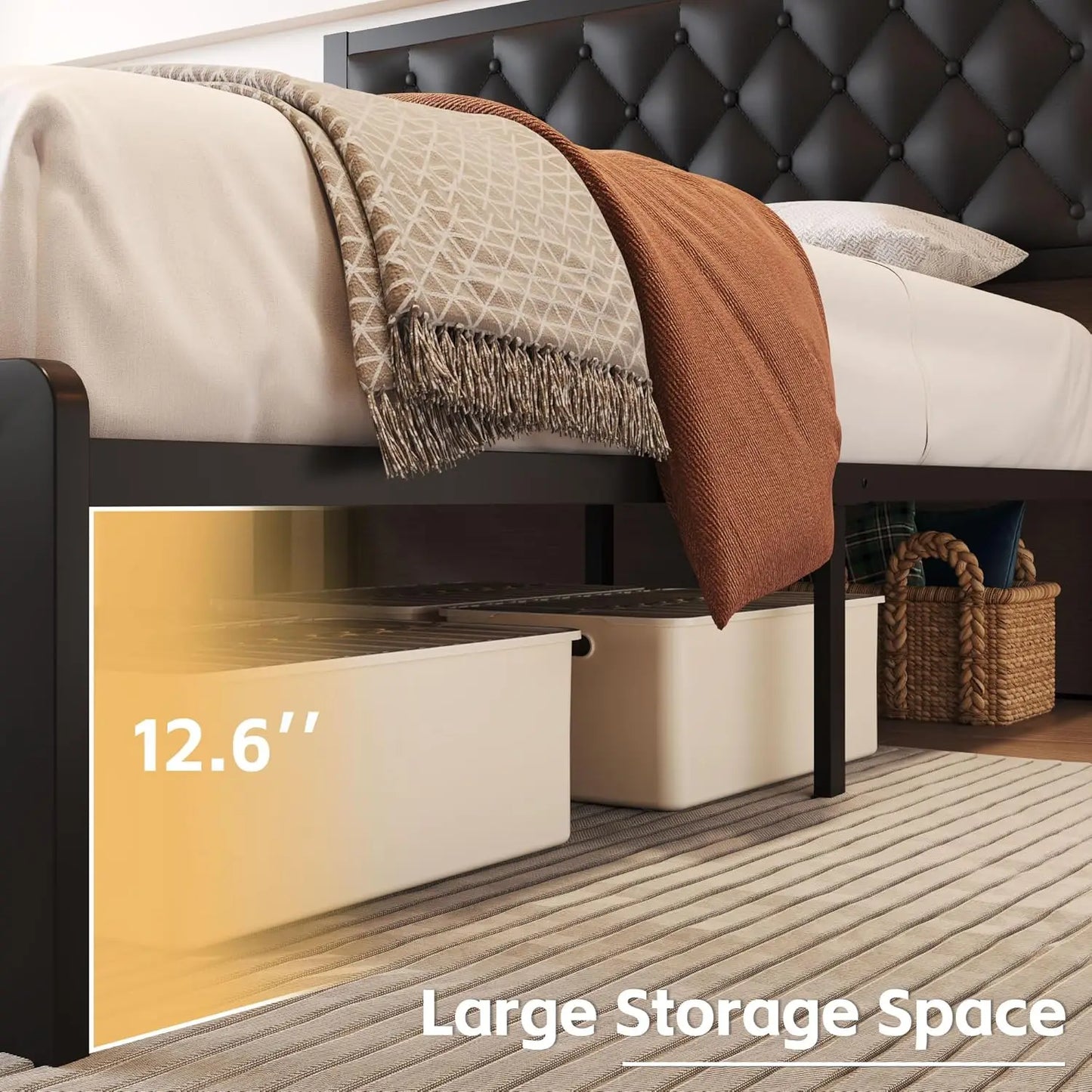 Queen Bed Frame with Headboard PU Leather Upholstered Bed Frame Platform,All Metal Slats Support Platform Bed Frame