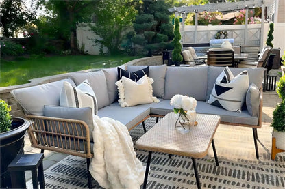 Outdoor L-Shaped Wicker Sofa Set with Cushions and Side Table, 5-Seater Patio Furniture for Backyard