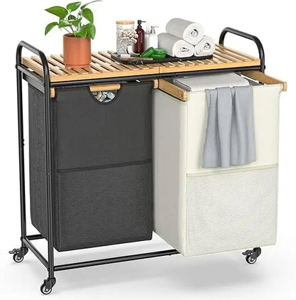 Dual-Section Laundry Sorter with Removable Shelf and Pull-Out Bags, Rolling Clothes Hampers on Wheels Basket