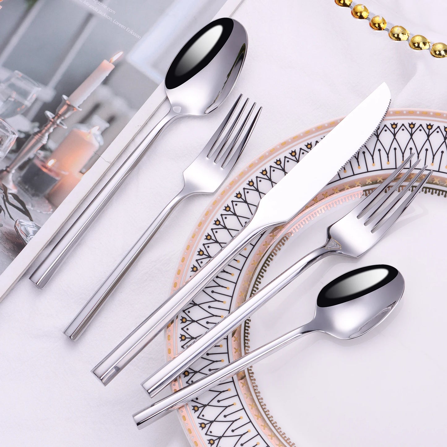 6/16/20Pcs Stainless Steel 304 Cutlery Set Mirror Sliver Tableware Western Hexagonal Handle Dinner Set Matte Knife Fork Spoon