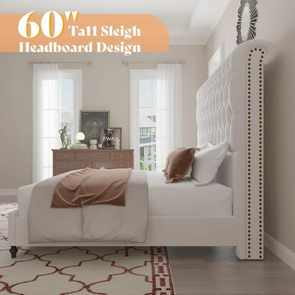 King Size Bed Frame 60" Tall Sleigh Headboard Bed with Velvet Upholstered Platform, No Box Spring Needed