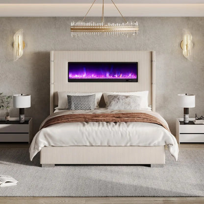 Modern Queen Size Bed Frame with Fireplace, Cream Wingback Platform Bed Frame with 60.4“ Extra Tall Headboard, Corduroy