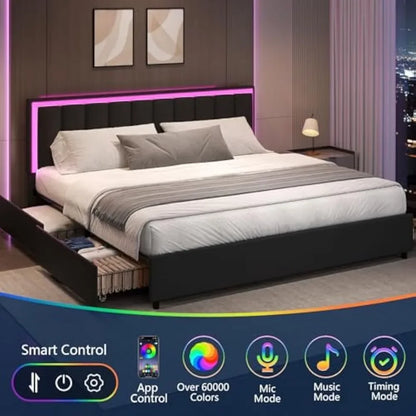 King Bed Frame with 4 Drawers Storage Bed Frame King Size with LED Lights Upholstered Bed Frame with Headboard,Customized