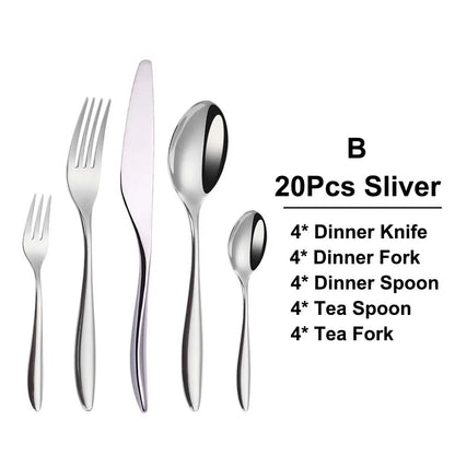 6/16/20/24Pcs Sliver Tableware Stainless Steel 304 Cutlery Set Mirror Knife Fork Spoon Western Dinner Set Smooth Handle Flatware