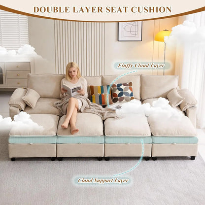 108" U Shaped Cloud Couch Sectional with Ottoman Storage, Chenille Modular Sectional Sofa with Pillow, Modern Deep, Customized