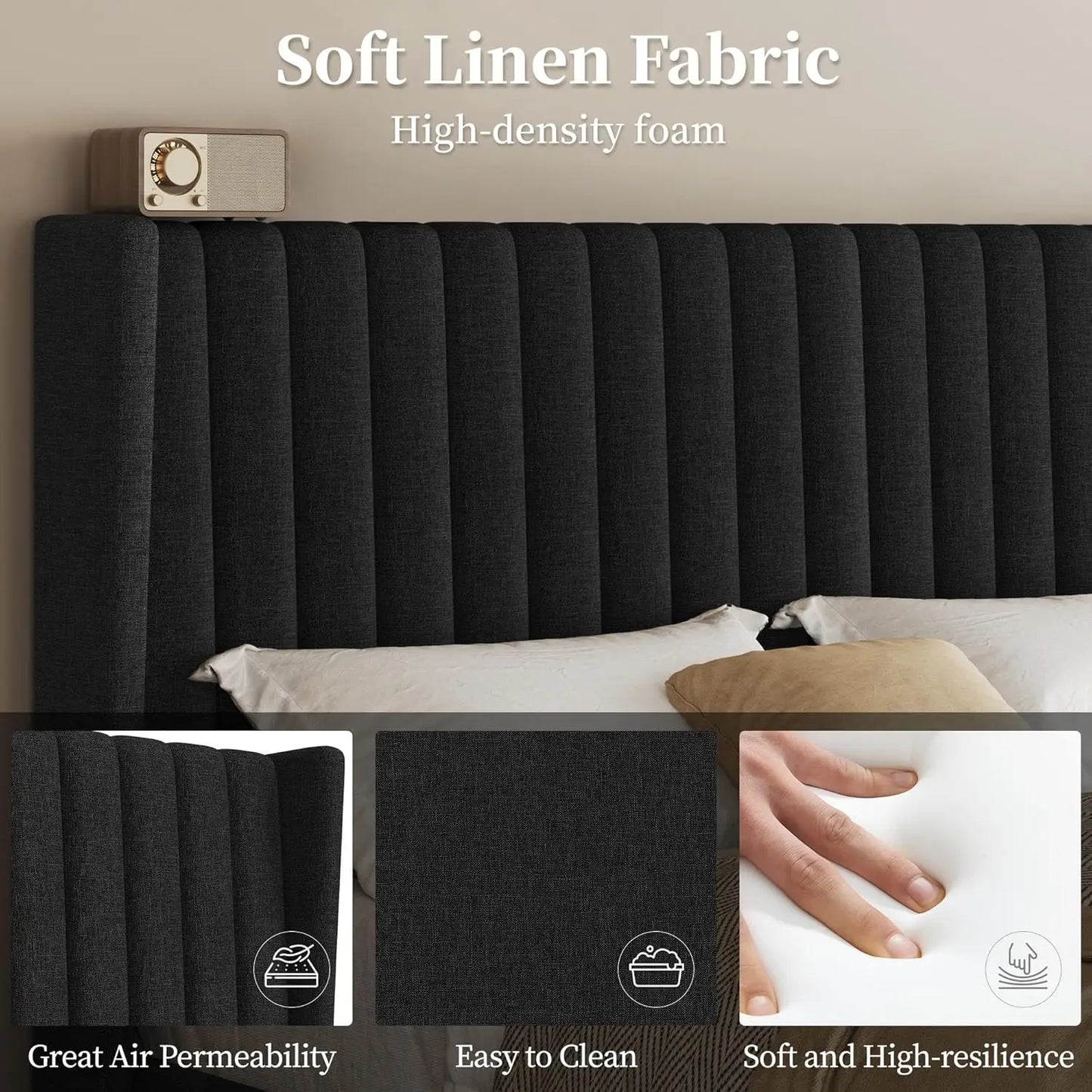 Queen Bed Frame Upholstered Platform Bed with Fabric Headboard, Wing Edge Design/Non-Slip and Noise-Free/Wooden, Customized