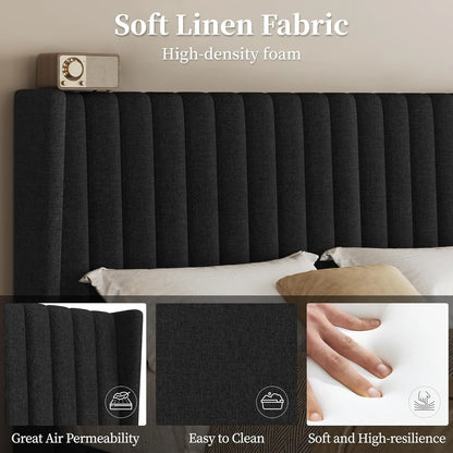 Queen Bed Frame Upholstered Platform Bed with Fabric Headboard, Wing Edge Design/Non-Slip and Noise-Free/Wooden, Customized