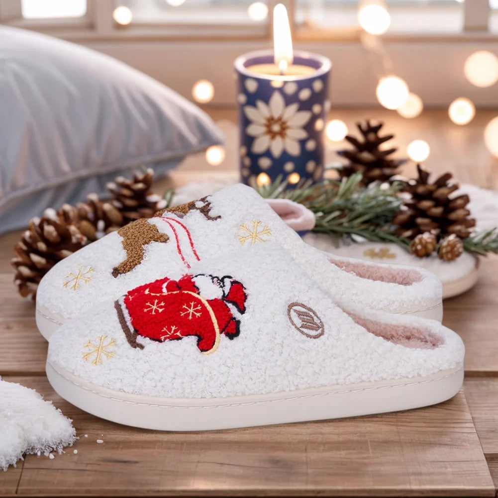 Santa Claus Elk Christmas Plush Slippers Comfortable Thermal Couple Slippers Non-Slip Fuzzy Closed Toe Slippers for Men Women