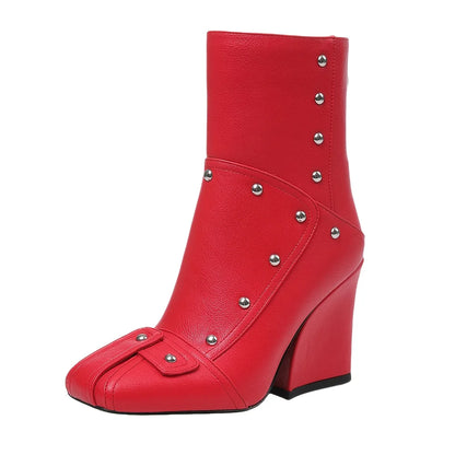 Women's Punk Square Toe Ankle Boots Fashion Rivet Patchwork Back Zipper Chunky High Heel Party Boots Woman