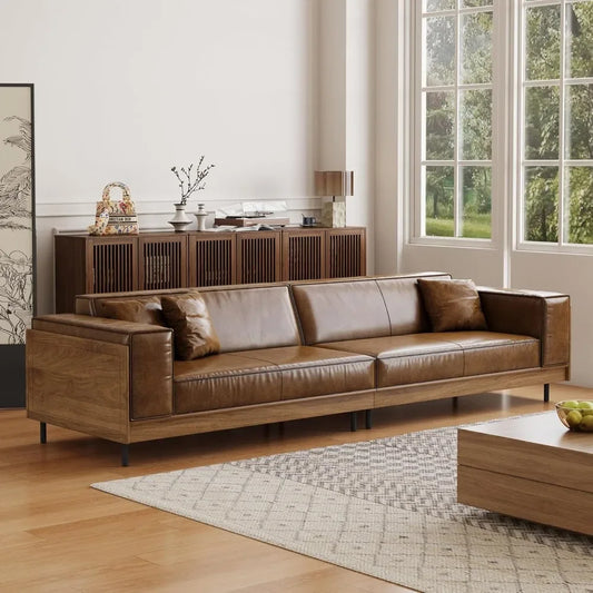 Mid-Century Modern Leather Sofa 111.81 with Wooden Accents on Sides & Back, Spacious 3 - Seat Couch for Living Room, Bedroom