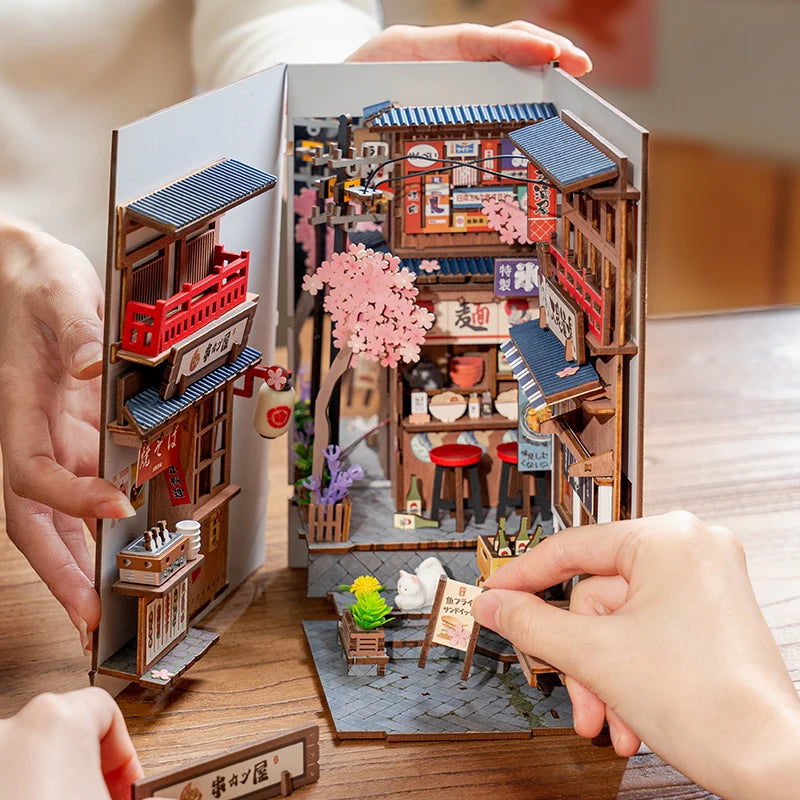 Robotime Rolife Sakura Wine Alley Japanese Style Design Book Nooks Kit for Family Home Bookshelf Decoration 3D DIY Wooden Puzzle
