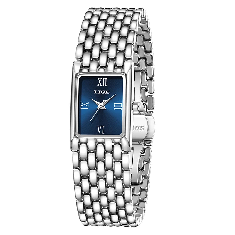 LIGE Luxury Golden Womens Wristwatch Square Quartz Steel Watch for Woman Elegant Bracelet Waterproof Fashion Ladies Watches+Box