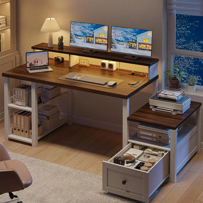 60.4" Computer Desks with Drawer & LED Light, Office Desk with Monitor Stand, Farmhouse Study Desks with Power Outlet, Work Desk