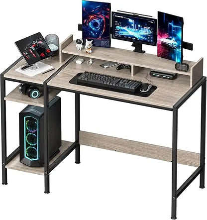 Gaming/Computer Desk - 47” Home Office Small Desk with Monitor Stand, Rustic Writing Desk for 2 Monitors, Adjustable Storage Spa