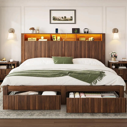King Bed Frame and Headboard& 2 Storage Drawer, King Size Bed Frame with LED Light and Charging Port, Farmhouse, Customized