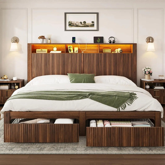 King Bed Frame and Headboard& 2 Storage Drawer, King Size Bed Frame with LED Light and Charging Port, Farmhouse, Customized