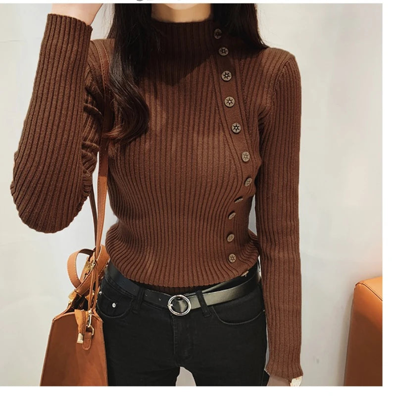 Spring Autumn Mock Neck Skinny Elastic Knitted Shirt Women Pullover Sweater Tops Female Long Sleeve Slim Knit Shirts Knitwear