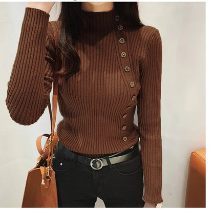 Spring Autumn Mock Neck Skinny Elastic Knitted Shirt Women Pullover Sweater Tops Female Long Sleeve Slim Knit Shirts Knitwear