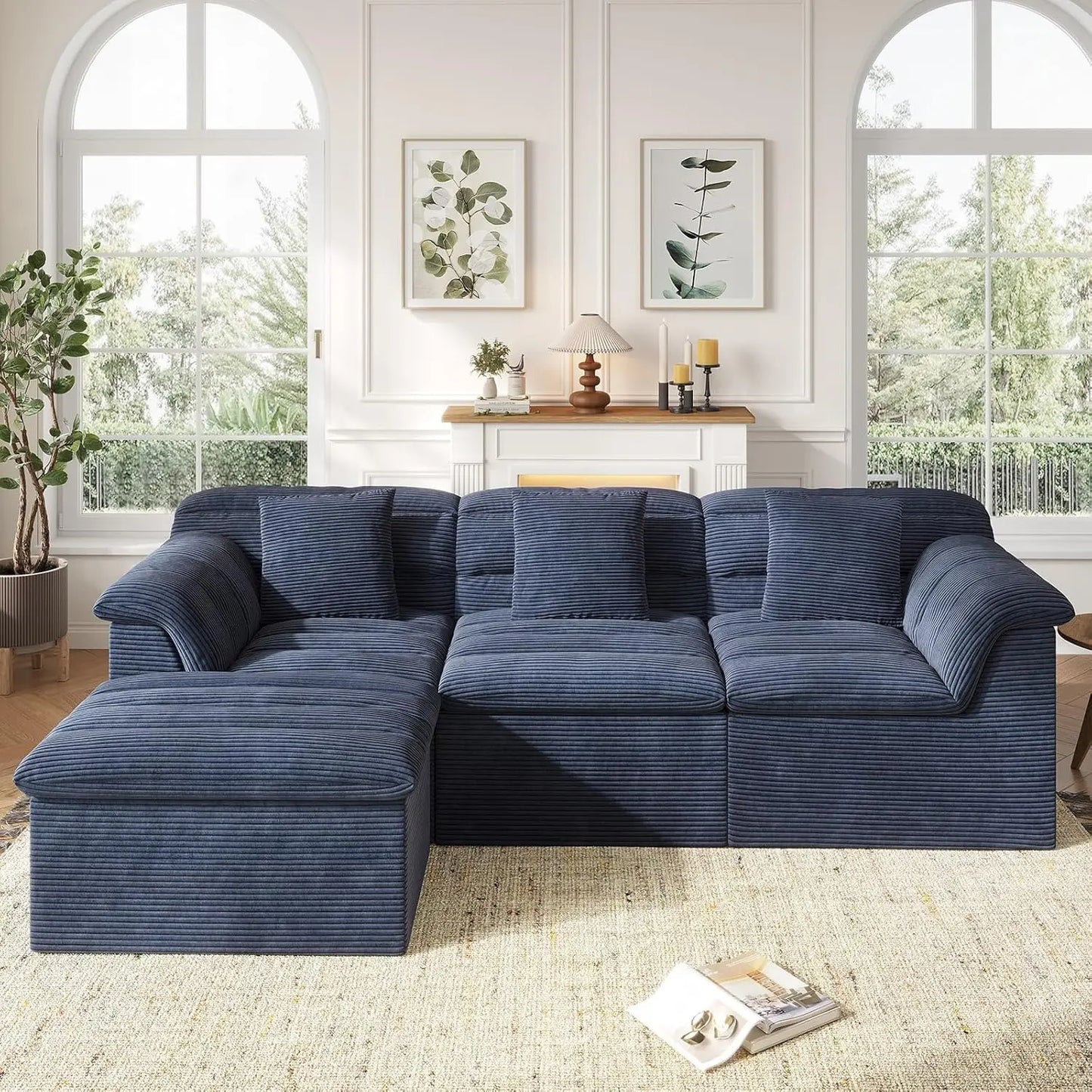 112" Modular Cloud Sectional Couch with Ottoman, Modern Upholstered Compressed Sofa with Deep Seat, Comfy L-Shape,Customized