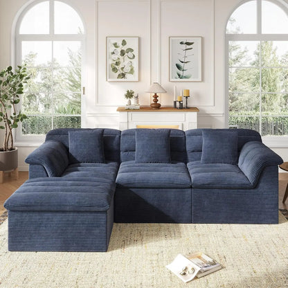 112" Modular Cloud Sectional Couch with Ottoman, Modern Upholstered Compressed Sofa with Deep Seat, Comfy L-Shape,Customized