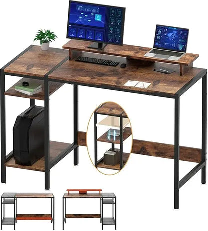 Gaming/Computer Desk - 47” Home Office Small Desk with Monitor Stand, Rustic Writing Desk for 2 Monitors, Adjustable Storage Spa