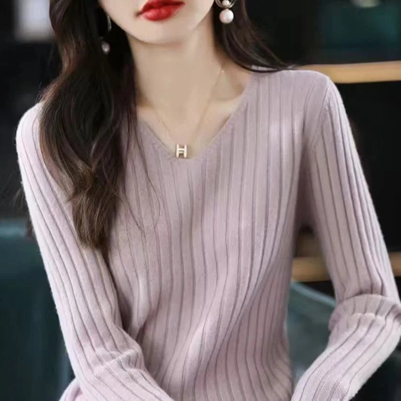 Women Sweater Long Sleeve Top Knitted Pullover V-Neck Fashion Sweater Woman Winter Basic Female Clothing Soild OL Sweater DF4933