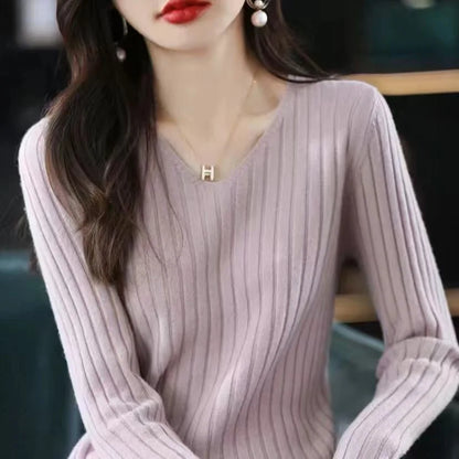 Women Sweater Long Sleeve Top Knitted Pullover V-Neck Fashion Sweater Woman Winter Basic Female Clothing Soild OL Sweater DF4933