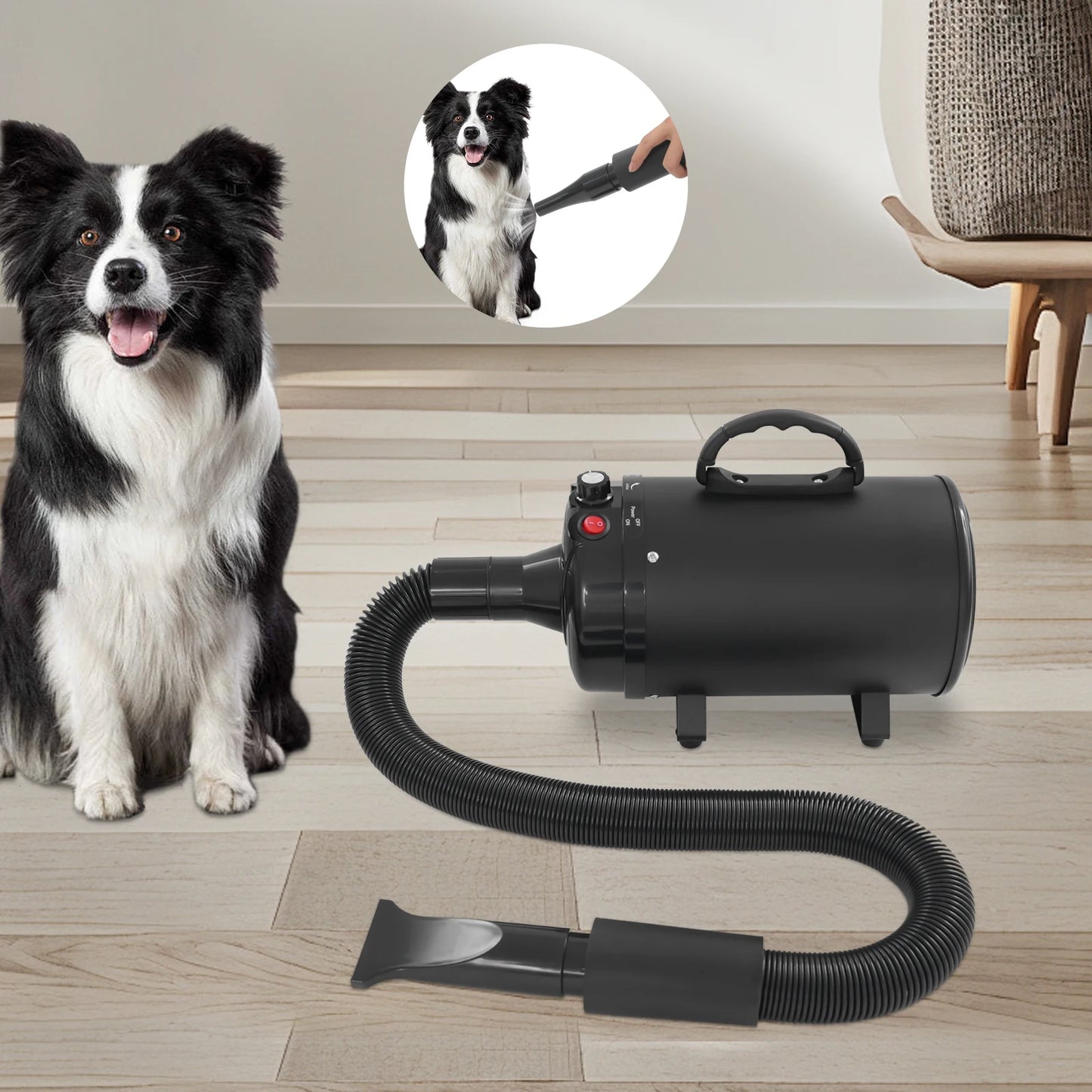 2200W Professional Pet Grooming Dryer, Adjustable Wind Speed, 4 Nozzles, Rust-resistant, Low Noise 55-70dB for Dogs/Cats