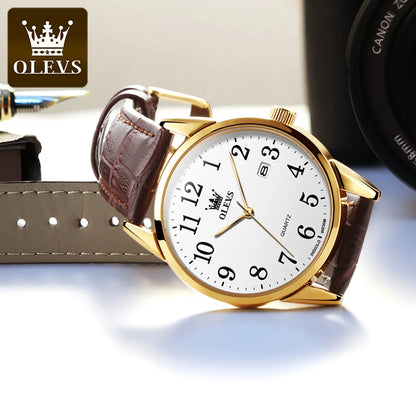 OLEVS Brand Fashion Quartz Watch for Men and Women Leather Strap Waterproof Original Watch Arabic Numeral Scale Giving to Elders
