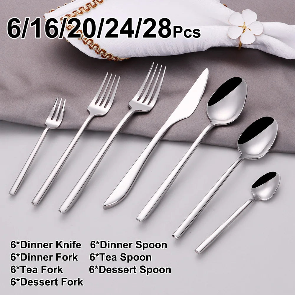 6/16/20/24/28Pcs Cutlery Set Stainless Steel 304 Tableware Mirror Sliver Dinner Set Western Knife Fork Spoon Elegant Flatware